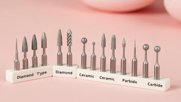 Kolekcja różnych rodzajów frez do paznokci - diamentowe, ceramiczne i węglikowe na różowym tle