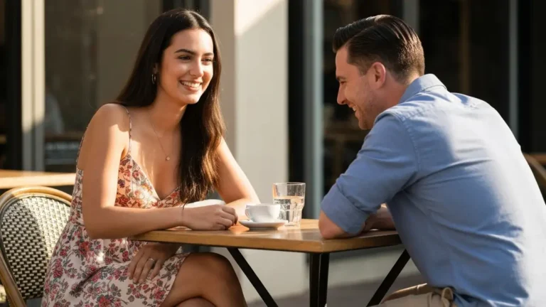 Kobieta uśmiecha się podczas rozmowy z mężczyzną, oboje siedzą przy kawiarni, artykuł o friendzone i relacjach