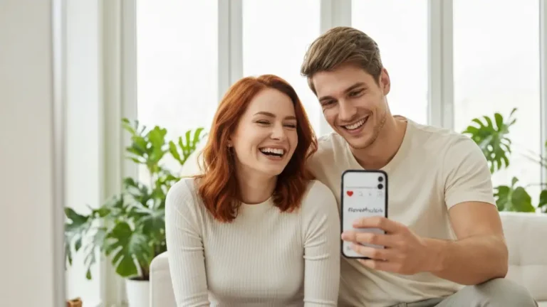 Kobieta fotografuje sich z partnerem na Instagramie, uśmiechając się radośnie, tło rozmyte park, widok na ekran telefonu z hashtagami