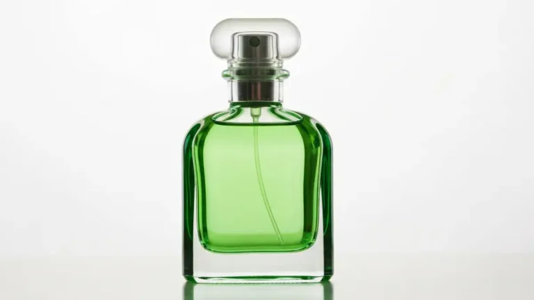 Flakony perfum Hermes Un Jardin a Cythere na białym tle, butelka w zielonym szkle z charakterystycznym zapachowym designem