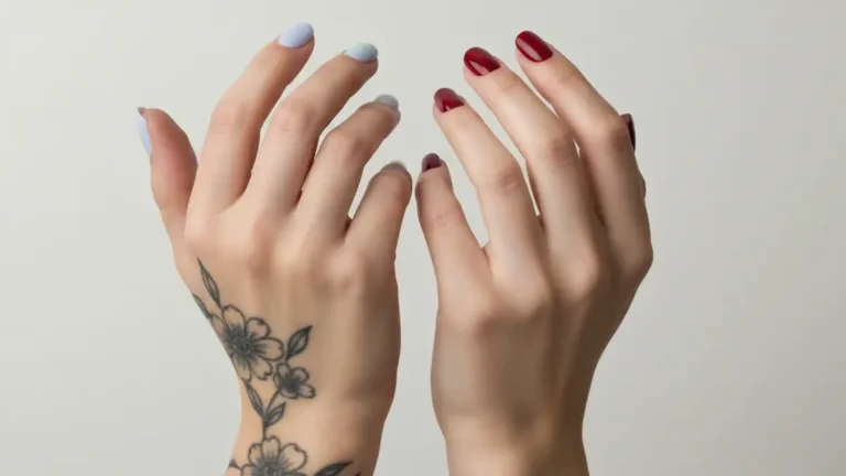 Porównanie hybridy i żelu na paznokciach - dwie ręce z różnymi technikami manicure