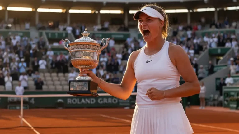 Iga Świątek tenisistka w akcji na korcie Roland Garros z nagrodą