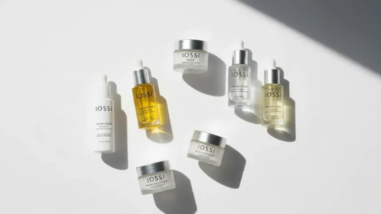 Produkty marki Iossi skin care ułożone na białym tle - serum, krem i esencja