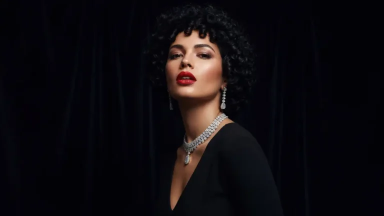 Kobieta w różnych stylach biżuterii - kolczyki, naszyjniki i pierścionki dobrane do kształtu twarzy, czarne tło, professional beauty photography