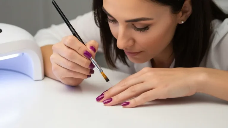 Kobieta nakładająca transparentny top na hybrydę paznokcia - krok po kroku tutorial