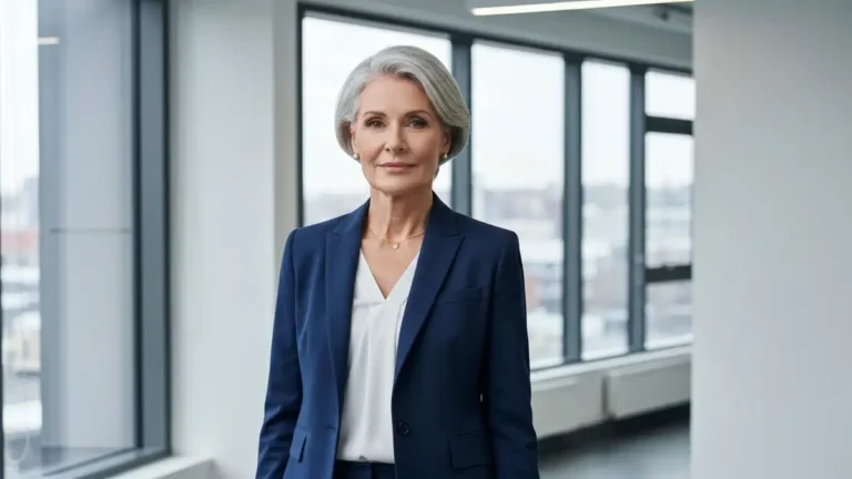 Elegancka kobieta w granatowym garniturze damskim, stojąca pewnie w biurze, profesjonalna stylizacja