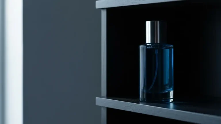 Eleganckie flakon perfum w jasnym, minimalistycznym wnętrzu - idealny przykład prawidłowego przechowywania