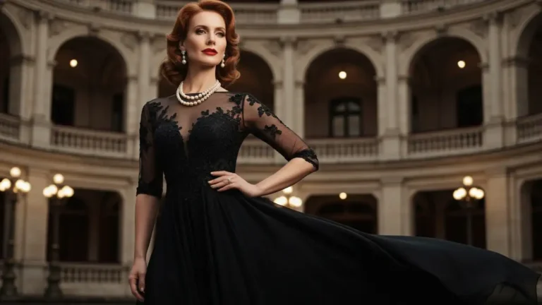 Kobieta w czarnej eleganciej sukience wieczorowej z biżuterią do opery, pozuje przed teatrem operowym