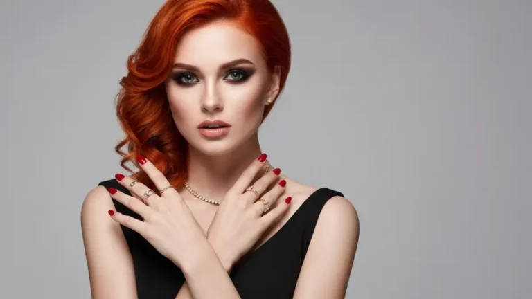 Piękna młoda kobieta w elegancki strój na 18. urodziny, długa czarna sukienka, błyszczące paznokcie, profesjonalny makijaż, studio lighting, 3:4 portrait