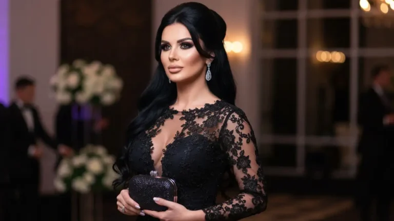 Kobieta w eleganckiej czarnej długiej sukience na gali, z dostojnym uśmiechem, profesjonalny makijaż i styling