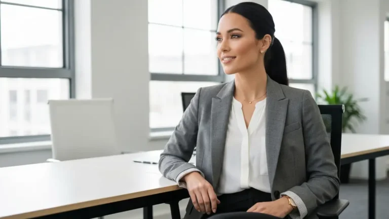 Kobieta w biurze ubrana w business casual - czarne spodnie, białą bluzę i szarą marynarę