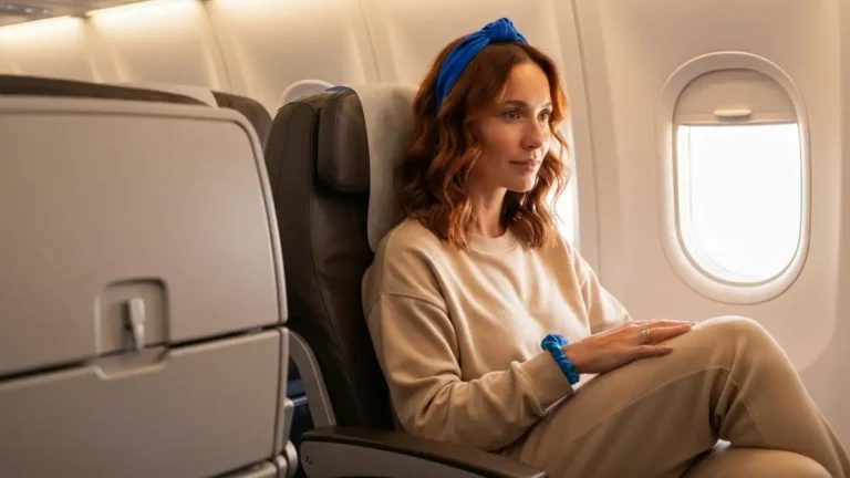 Kobieta w wygodnym loungewear'e siedzi w fotelu samolotu, uśmiechając się, niosąc stylowy ręcznik i opaską do włosów