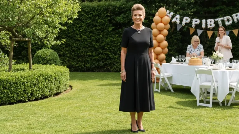 Elegancka kobieta w czarnej sukience midi na 50. urodzinach mamy, z prostą fryzurą, subtelną biżuterią i czółenkami