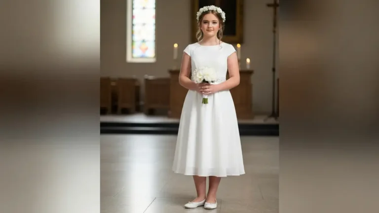 Nastolatka w eleganckim stroju na bierzmowanie - biała sukienka, białe buty, wianek kwiatów