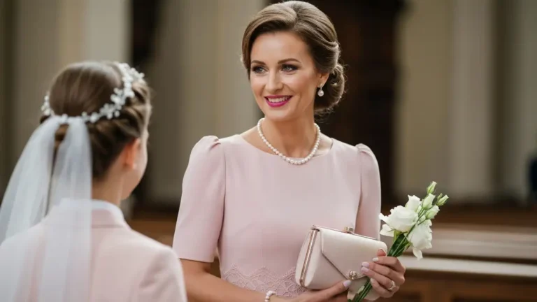 Elegancka mama w jasnoróżowej sukience midi na komunii dziecka, trzymająca bukiet kwiatów, uśmiechająca się do małej córeczki w białej komunijnej sukience