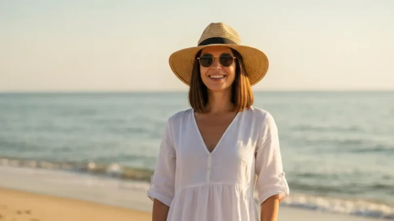 Kobieta w stylowej sukience na plażę z kapeluszem i okularami słonecznymi