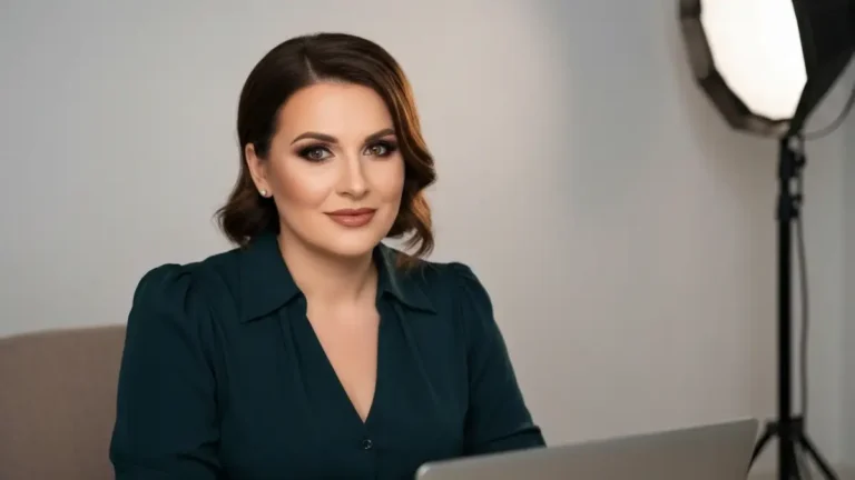 Kobieta w stylowej bluzce siedzi przed kamerą webkam, uśmiecha się, górna połowa ciała widoczna na ekranie