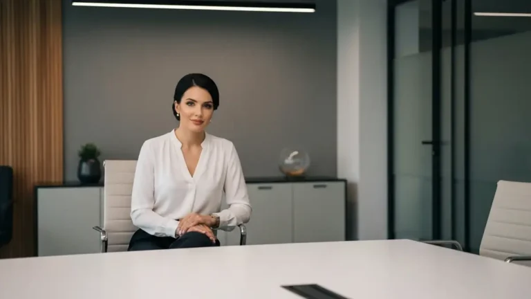 Kobieta w business casual stylizacji na rozmowę kwalifikacyjną - biała bluzka, ciemne spodnie i czółenka