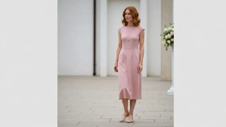 Elegancka kobieta w długiej sukni na ślubie cywilnym, w różowych i beżowych tonach