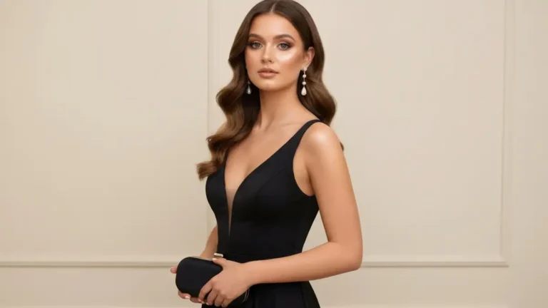 Kobieta w elegancji czarną długą sukienką na studniówkę z rozpuszczonymi włosami i makijażem glamour 2026