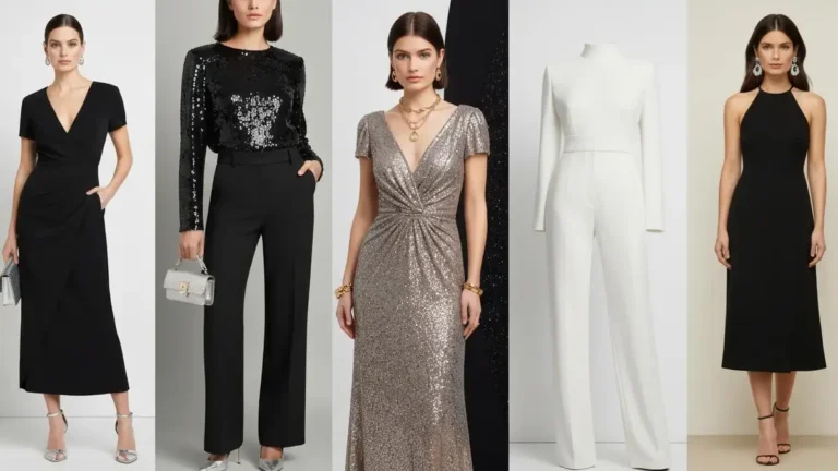 Pięć eleganckich stylizacji na sylwester - sukienka czarna, spodnie srebrne, strój glamour z cekinkami, minimalistyczna biel, buty szpilki