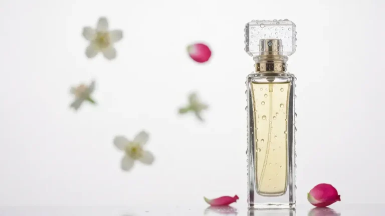 Butelka perfum na białym tle z kroplami wody i kwiatami w tle, symbolizujące trwałość i zapach
