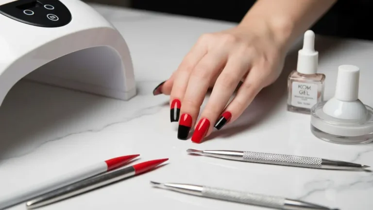 Kobieta pokazuje pięknie wykonane czarne i czerwone paznokcie hybrydowe robione w domu, obok lampy LED i materiałów do manicure