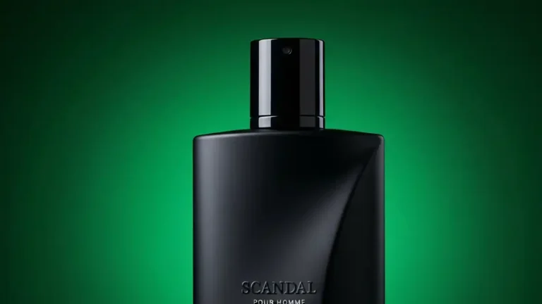 Jean Paul Gaultier Scandal Pour Homme - butelka czarnych perfum na zielonym tle