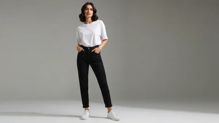 Kobieta nosząca czarne jeansy mom fit z białym T-shirtem i białymi sneakersami, stojąca na tle neutralnego tła