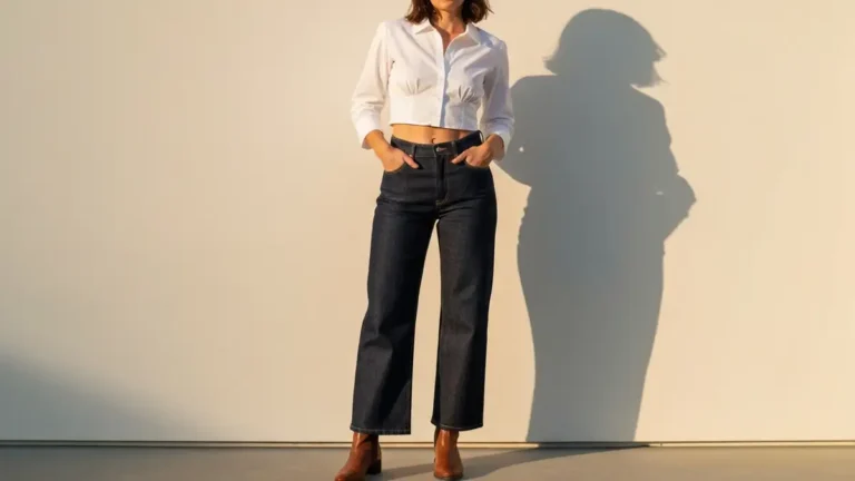 Kobieta w jeansach szerokich wide leg, białej bluzce i brązowych botach, stojąca w naturalnym świetle