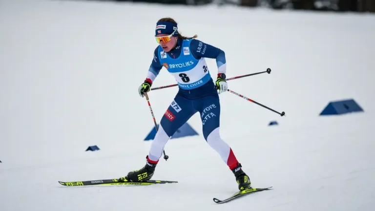 Justyna Kowalczyk w stroju sportowym podczas biegu narciarskiego, portret 3:4