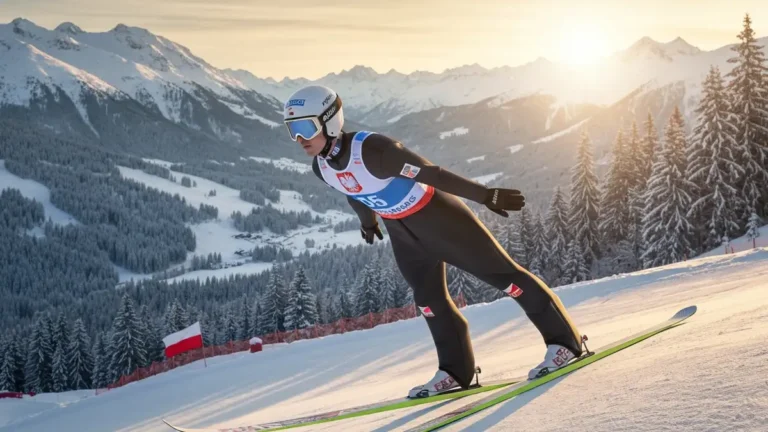 Kamil Stoch w stroju startowym podczas konkurencji skoków narciarskich na tle zimowego krajobrazu