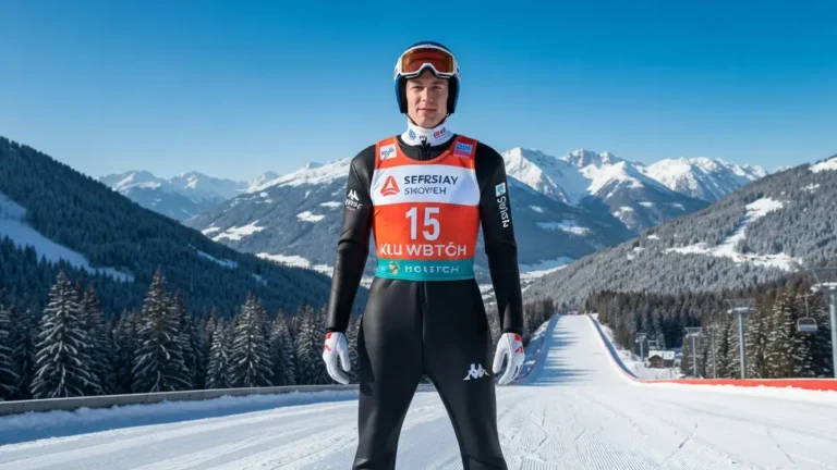 Kamil Stoch - polski skoczek narciarski w strojuStartowym na skoczni