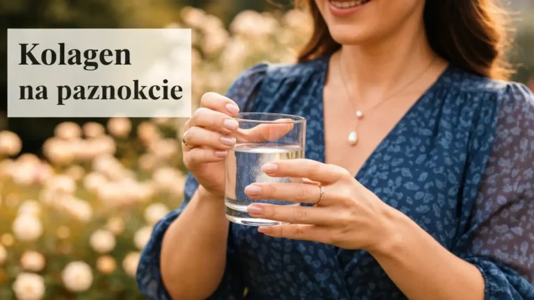 Polki trzymające szklankę zawierającą porcję kolagenu do uzupełniania; w tle butelka suplementu kolagenowego; paznokcie są widocznie wzmocnione, błyszczące, bez łamliwości