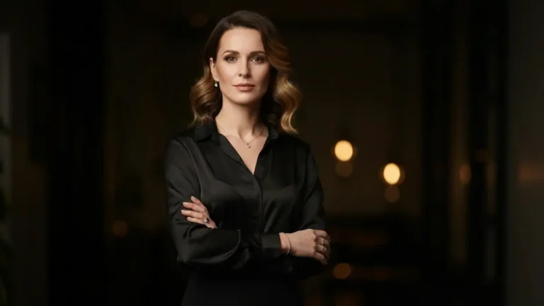 Kobieta w eleganckiej czarnej stylizacji na tle ciemnego tła symbolizującego tajemnicę i moc