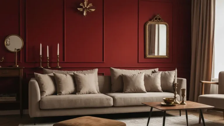Elegancki salon z czerwoną ścianą akcentową i złotymi detalami - symbolika energii i pasji