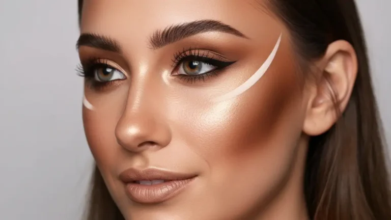 Kobieta z pełnym konturem twarzy - bronzer i rozświetlacz na twarzy, studio lighting, Pinterest 3:4 portrait