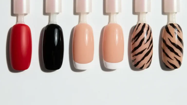 Kobieta z krótkim manicure pokazująca eleganckie kolory paznokci w różnych odcieniach