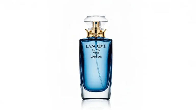 Flakon perfum Lancome La Vie Est Belle na białym tle, widok 3/4, z widocznym logo marki