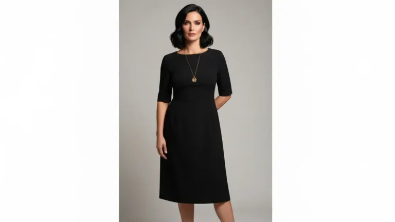 Kobieta w czarnej sukience midi z dekoltem, eleganckie szpilki, minimalistyczne dodatki, złoty naszyjnik, pewny spojrzenie