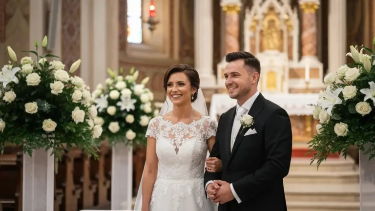 Małgorzata Rozenek i Radosław Majdan na ślubnej ceremonii, piękna para w eleganckiej sukni i garniturze