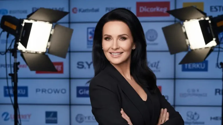 Małgorzata Rozenek na ściance mediów, elegancka stylizacja, tło z logami marek