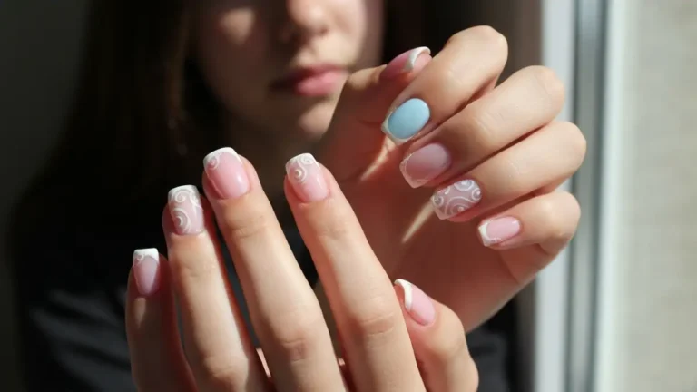 Delikatny manicure nastolatki w pastelowych kolorach - różowy, niebieski i biały, minimalistyczne paznokcie