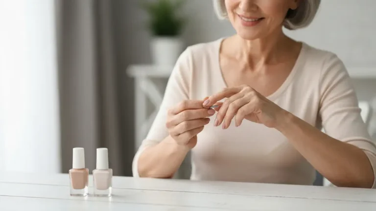 Elegancka dojrzała kobieta pielęgnuje paznokcie - manicure w naturalnym kolorze