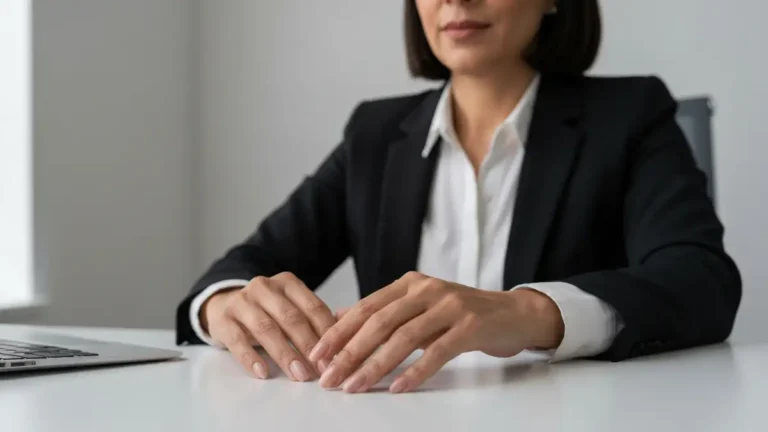Kobieta w biurze z dyskretnym manicure w kolorze nude, eleganckie paznokcie średniej długości