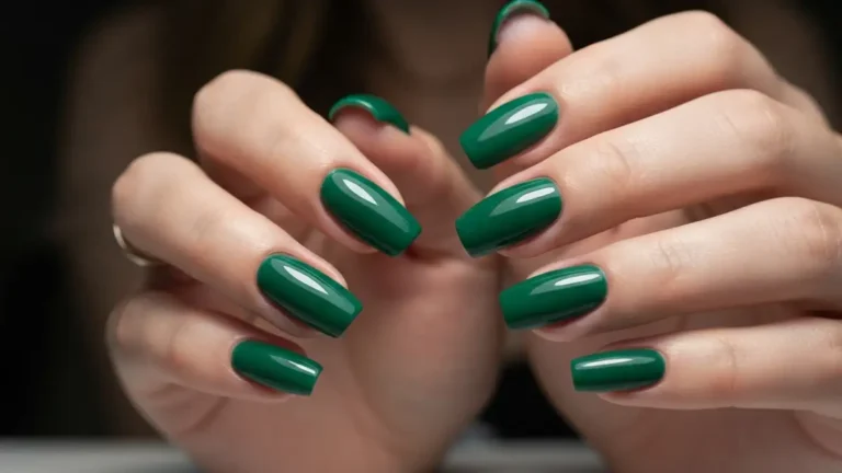 Manicure hybrydowy w kolorze głębokim z błyszczącym top coat na paznokciach kobiety