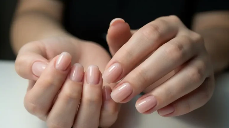 Kobieta z pięknie wykonanym manicure japońskim - błyszczące, wzmocnione paznokcie o naturalnym połysku