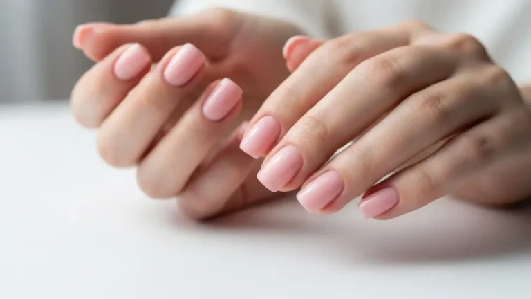 Kobieta z pięknym klasycznym manicure mokrym, paznokcie w naturalnym różu, eleganckie dłonie na białym tle