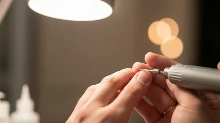 Dłoń z boku wyglądająca na zbliżenie podczas profesjonalnego manicure rosyjskiego, frez w działaniu, czysty kontur paznokci