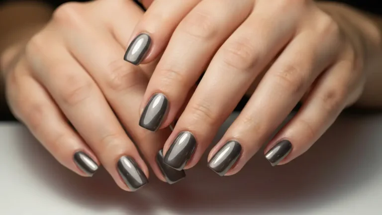 Kobieta z manicure tytanowym - błyszczące paznokcie w nowoczesnym salonie kosmetycznym
